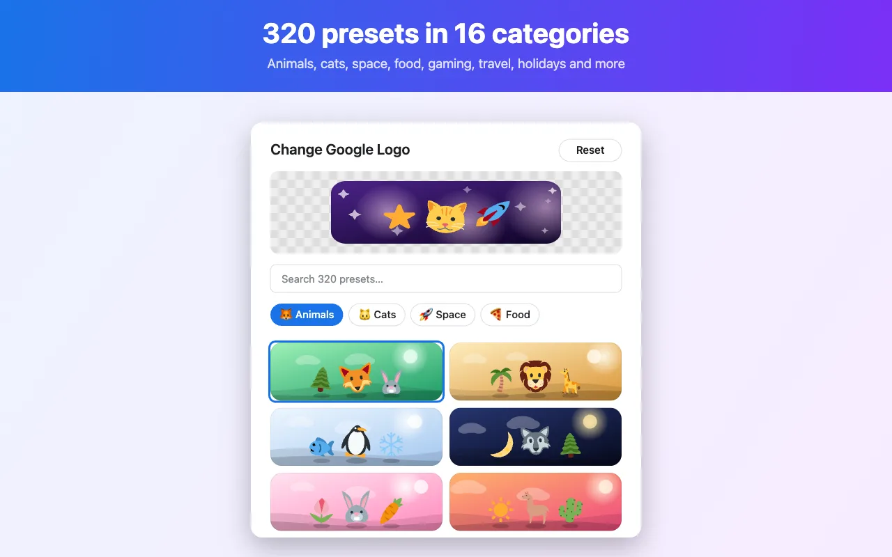 320 built-in presets across 16 categories, searchable by name or emoji